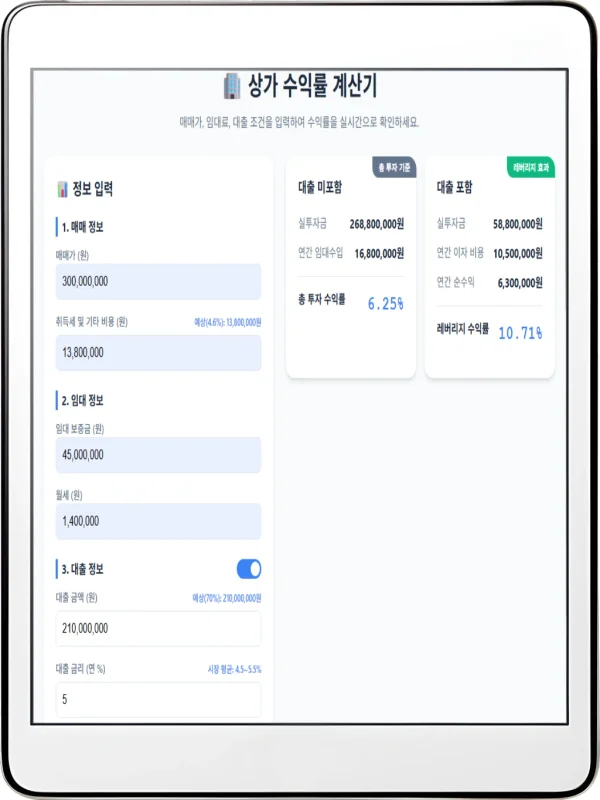 상가 투자 수익률 계산기: 대출 레버리지 및 실투자금 분석