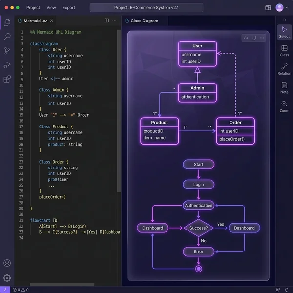 실시간 Mermaid UML 다이어그램 에디터 & 디자이너