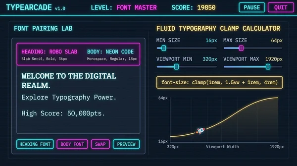타이포그래피 글꼴 페어링 & 반응형 폰트 크기 clamp() 계산기 - ARCADE TYPE LAB